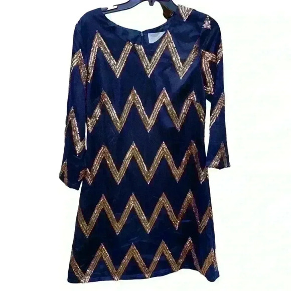 Vintage Julie Brown Cocktail MIDI Dress Size 6 Navy Gold Chevron Party Holiday - Picture 4 of 10